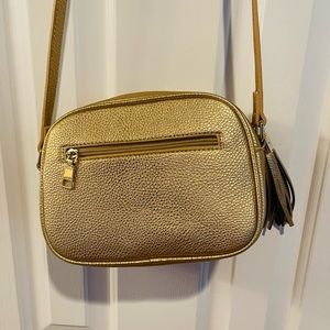 Beautiful GOLD not muted gold. I was given this bag, but have not used it yet.